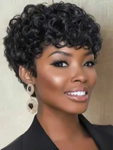 Short Curly Pixie Cut Wig for Black Women Human Hair 1B Color Finger Wave Style with Pin Curls Glueless Pixie Wig Short Layered Brazilian Virgin Human Hair Wigs for Daily Use
