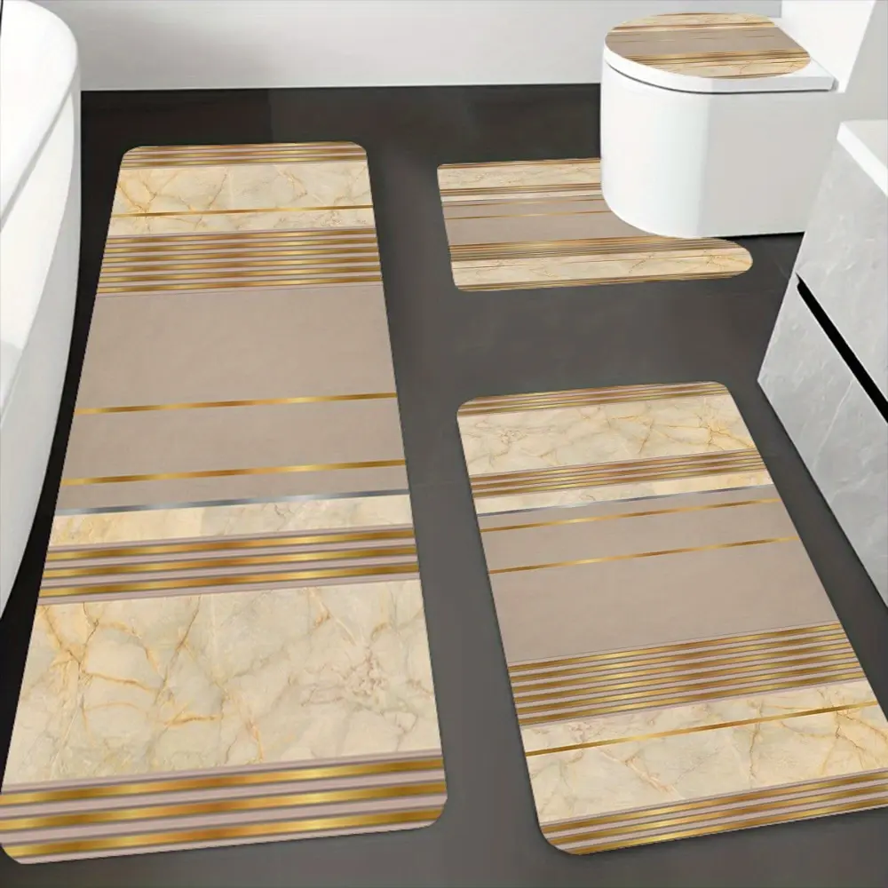 4pcs/Set Fashionable Gilt Striped Marble Printed Bathroom Protective Mat Set, Non-Slip Bathroom Mat, Flannel Bathroom Mat, Bathroom Floor Mat, Toilet Mat Universal Soft Comfortable, Home Decoration