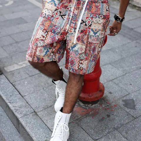 Men's Tribal Graphic Casual Shorts - Vibrant, Lightweight Streetwear Athleisure Bottoms, Above-the-Knee, Drawstring & Zippered Pocket, Ethnic Artful Detailing, Bohemian Tapestry Design for Sneakers, Tribal Graphic Men's Shorts