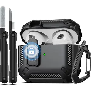 for AirPods 3rd Generation Case Cover with Cleaner Kit, Military Hard Shell Protective Armor with Lock for AirPod Gen 3 Charging Case 2021,Front LED Visible,Black