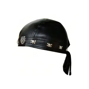 Faux Leather Biker Skull Cap Motorcycle Bandana Head Wrap Du Do Rag Black Hat
