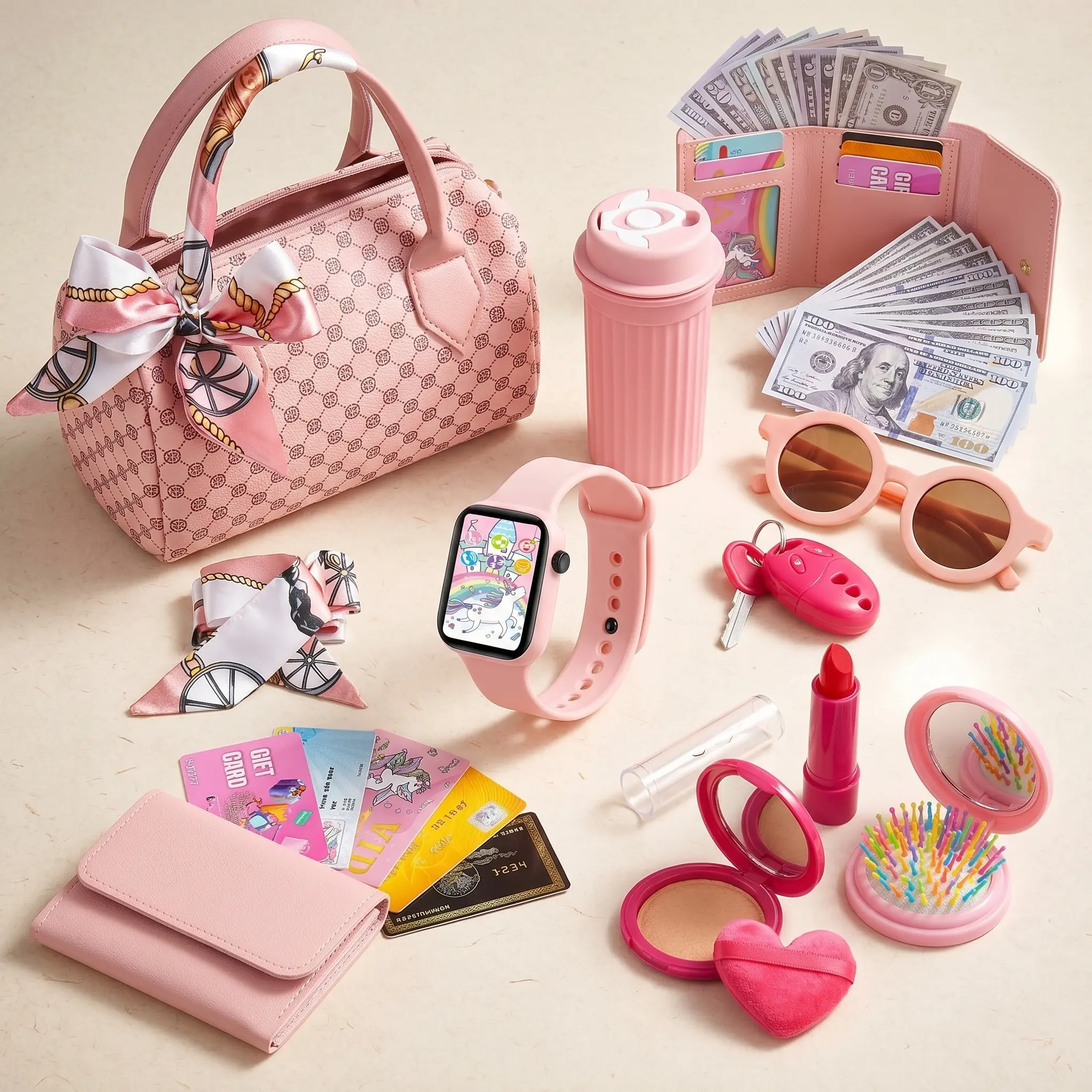 Play Purse for Little Girls, 31PCS Toddler Purse with Pretend Makeup for kids, Princess Toys includes Handbag, Phone, Wristwatch, Silk Scarf Kids Toy Purse Birthday Gift for Girls 3 4 5 6 +