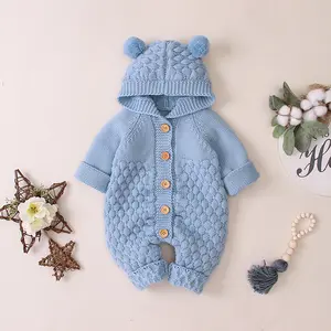 Newborn Boys and Girls Winter Knitted Jumpsuit with Hooded Bear Ears Long Sleeve Solid Color Button Closure Soft and Warm Baby Daily Home and Outing Wear