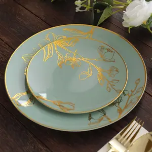 Set of 20 Plastic Round Dinner and Dessert Plates 8", 10" Dusty Sage Green with Metallic Gold Floral Design - Chic Disposable Dinnerware