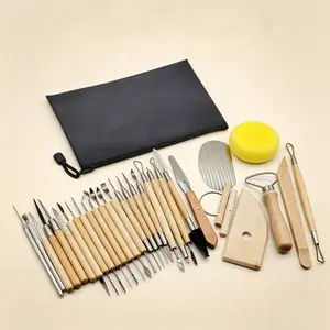 30Pcs Clay Pottery Tools Set Birch Wood & Stainless Iron Multi-functional Sculpture Trimming Wheel Throwing Clay Carving Tools Kit with Storage Bag for Pottery DIY Craft Art Beginners & Professionals