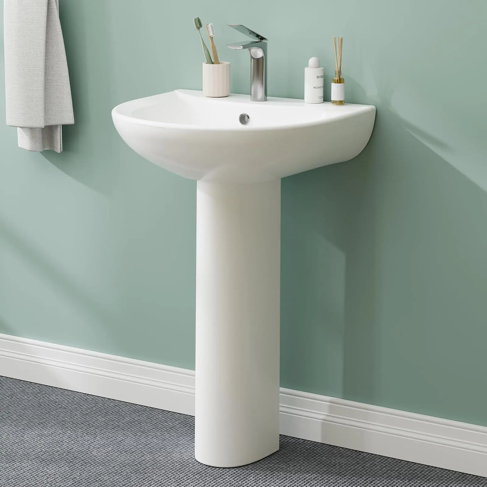 GAOMON Ceramic Pedestal Sink with Pedestal Base, 20 in x 17 in Basin, Overflow, Single Hole Faucet Design, Compact for Half Baths or Powder Rooms