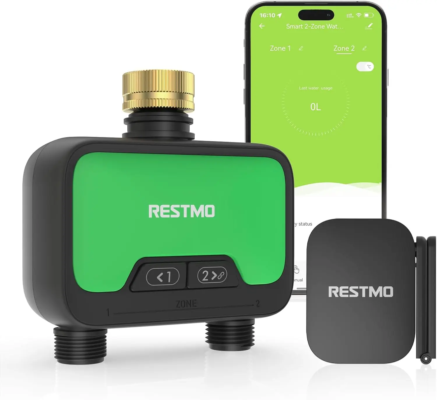 RESTMO Smart WiFi 2-Zone Hose Timer for Watering, Remote App-Controlled Programmable Sprinkler Timer with Solid Brass Inlet, Rain Delay, Manual Modes, Automatic Irrigation Equipment, Hose Timers For Watering