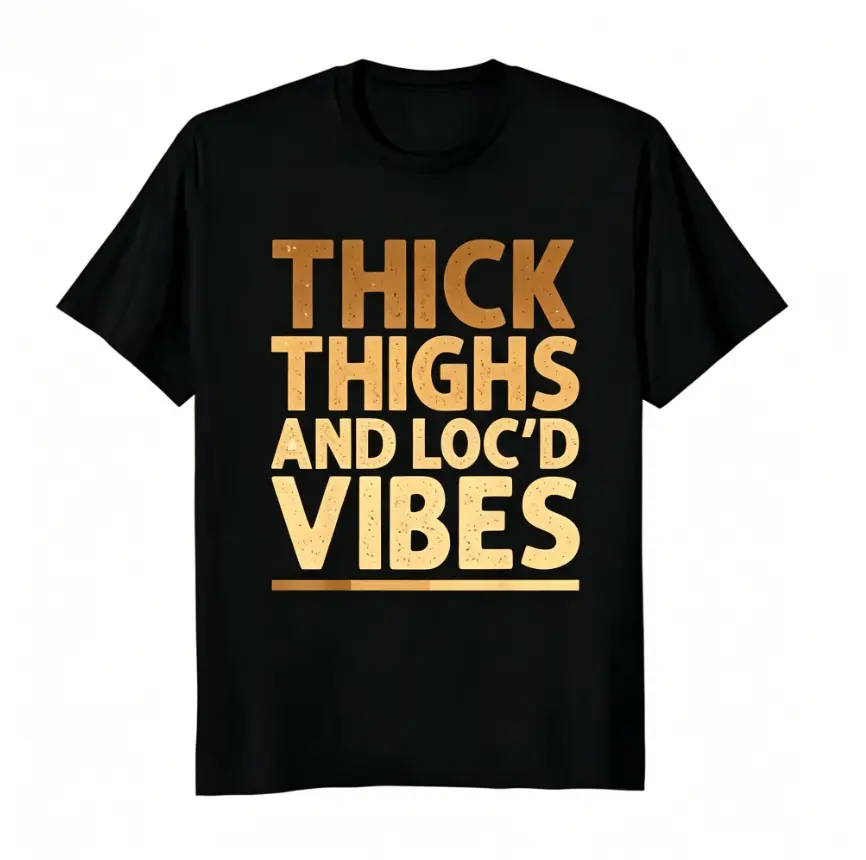 Women's Funny Streetwear Tee - "Thick Thighs & Loc’d Vibes" Golden Print, Casual Short-Sleeve Soft Cotton-Polyester Blend T-Shirt, Fit, Tshirt, Shortsleeve, Round Neck, Top, Graphic, Self-Love Message, 3Xl, 4Xl