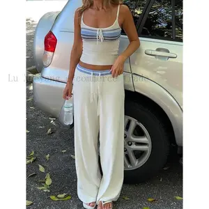 Women's Striped Print Crop Camis Top & Drawstring Waist Sweater Pants Set, Women's Knitwear for Daily Wear Clothes Womenswear