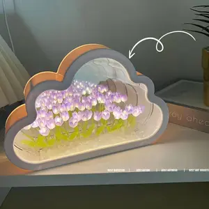 Cloud Tulip Night Light DIY Mirror Flower Sea LED Atmosphere Lamp Handmade Desktop Ornament Creative Bedroom Bedside Decor Gift