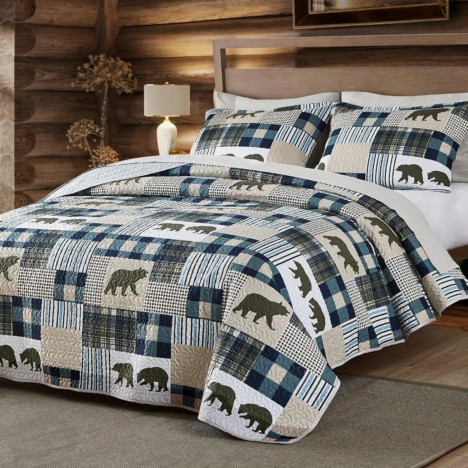 Cabin Quilt Set , Christmas Rustic Quilt Coverlet Bed Set, 3- Lightweight Reversible All Season Quilt Set, Lodge Bedspread Quilt with 2 Shams