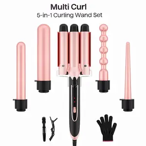 5 in 1 Curling Iron Set with 4 Interchangeable Ceramic Fast Heat, Wand Hair Crimper, Dual Voltage Hair Waver with Protective Glove & 2 Clips