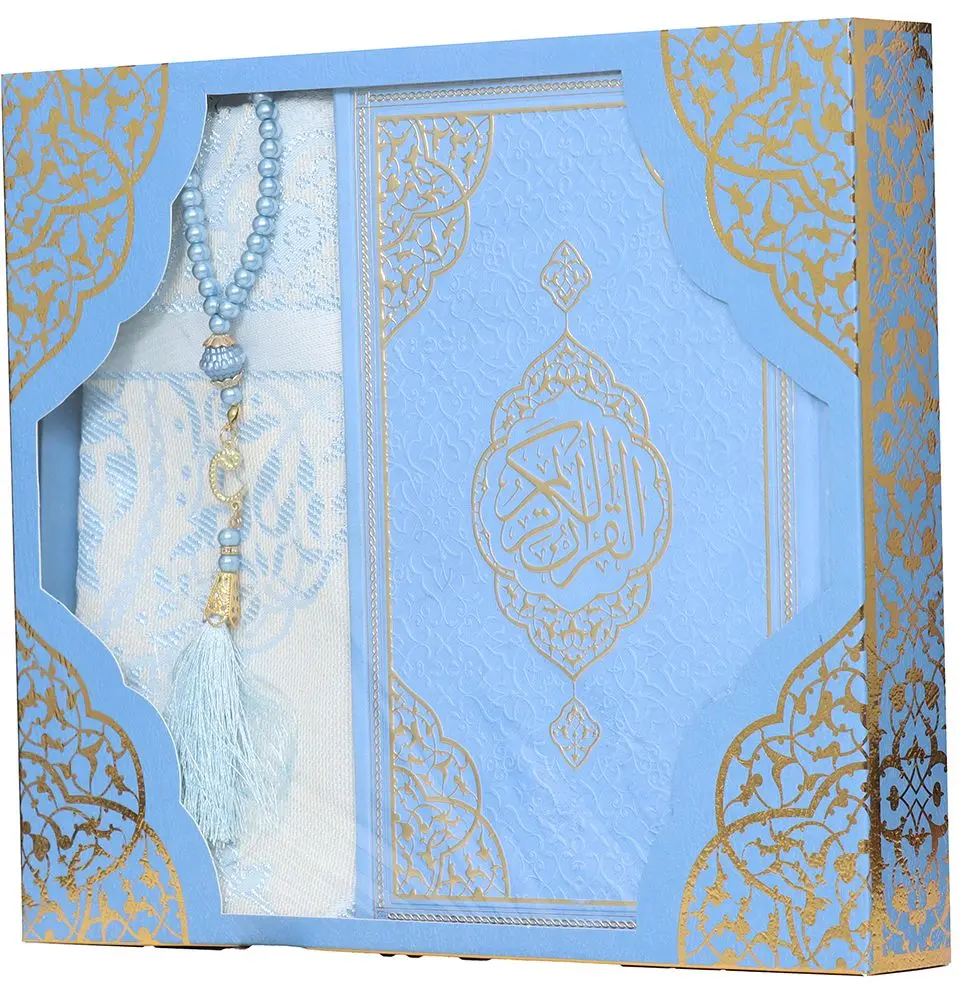 Prayer Rug Gift Box Set - With Quran & Prayer Beads Blue
