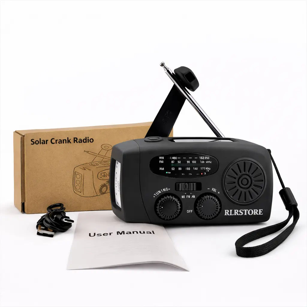 RLRStore Black Compact Portable Rechargeable Emergency Crank Solar Radio with 2000mAh Power Bank Charger, Flashlight, Phone Charging Capability, Audio Functionality
