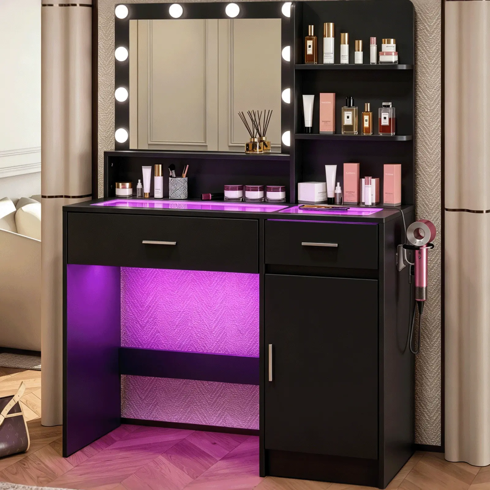 CollaredEagle Vanity Desk, Women Girls Bedroom Dressing Table, LED Lighted Makeup Station, Glass Top Vanity, RGB Drawer Vanity, USB Power Outlet Vanity, Adjustable Brightness Vanity homemakeover