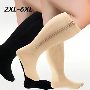 1 Pair Plus Size 15-20 MmHg Zipper Compression Socks For Men And Women - Easy To Wear, Comfortable Support To Improve Blood Circulation, Elastic Long Socks, Comfortable And Breathable Solid Color (Suggested To Buy One Size Up),  For Hiking,Running,Traveli