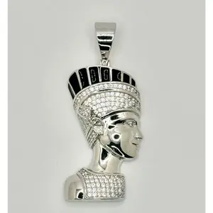 Rhodium Plated 925 Sterling Silver CZ Queen Nafertiti Hip Hop Pendant