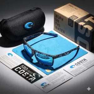 Costa Del Mar Sunglasses – Tiger Shark Frame with Blue Mirror Polarized Glass Lens – Full Accessories Set