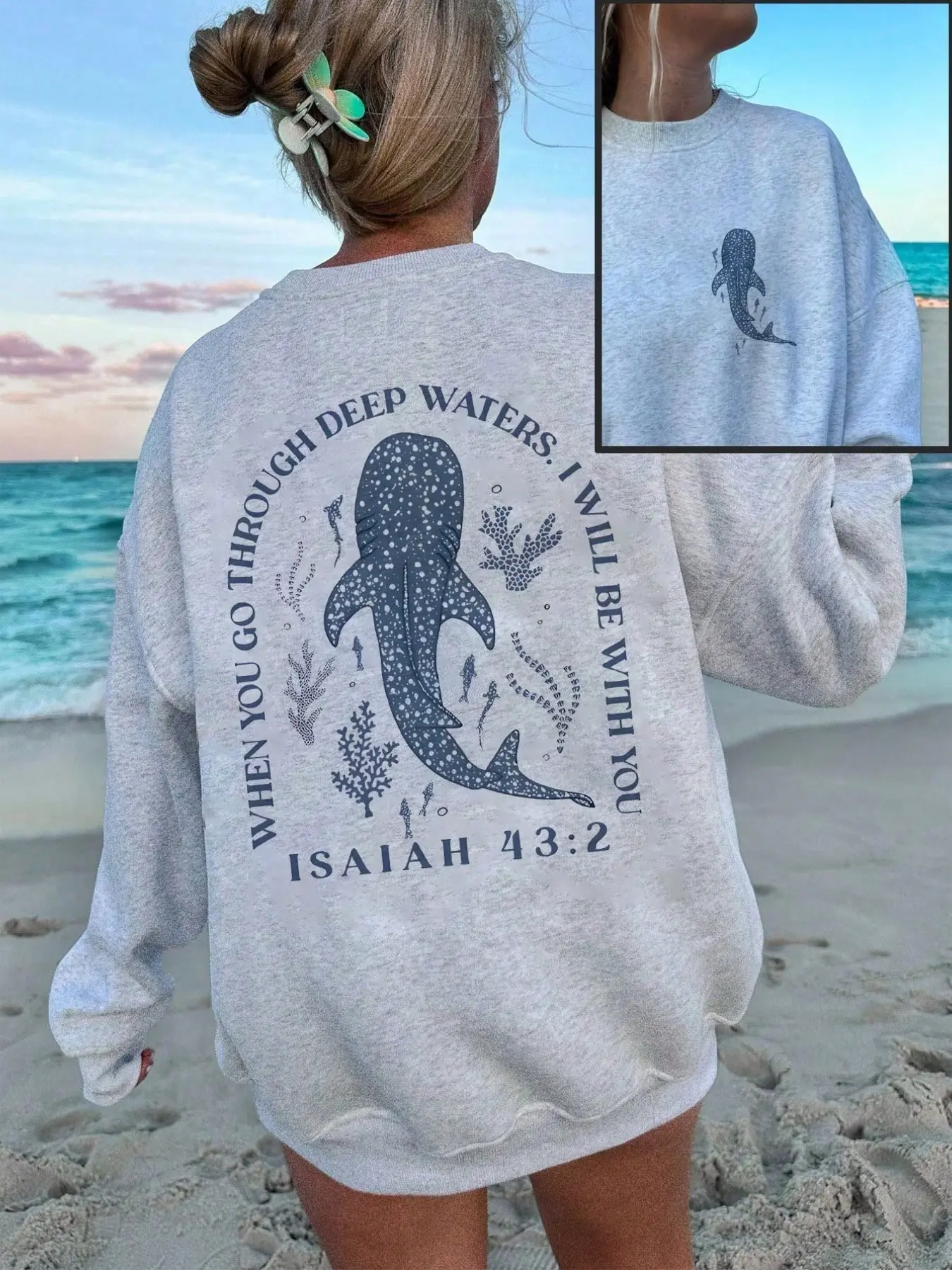 Christian Whale Shark Sweatshirt, Long Sleeve – Cozy Loose Crewneck Featuring Isaiah 43:2 Bible Verse, Ocean-Inspired Graphic Printed Pullover, Animal Print, Womenswear, Perfect for Beach Days, Casual Outfits