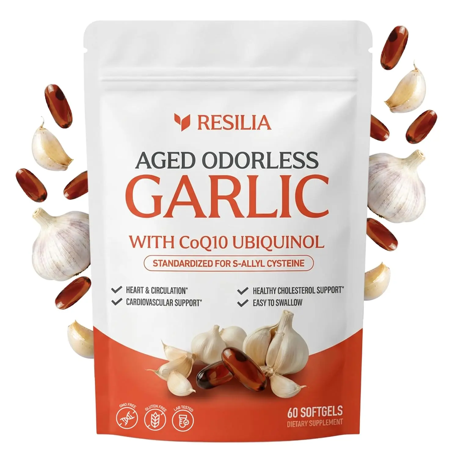 Resilia Odorless Aged Garlic Extract softgels with CoQ10 Ubiquinol and Vitamin K2 (as MK-7), 20-Month Matured Garlic, 60 Softgels