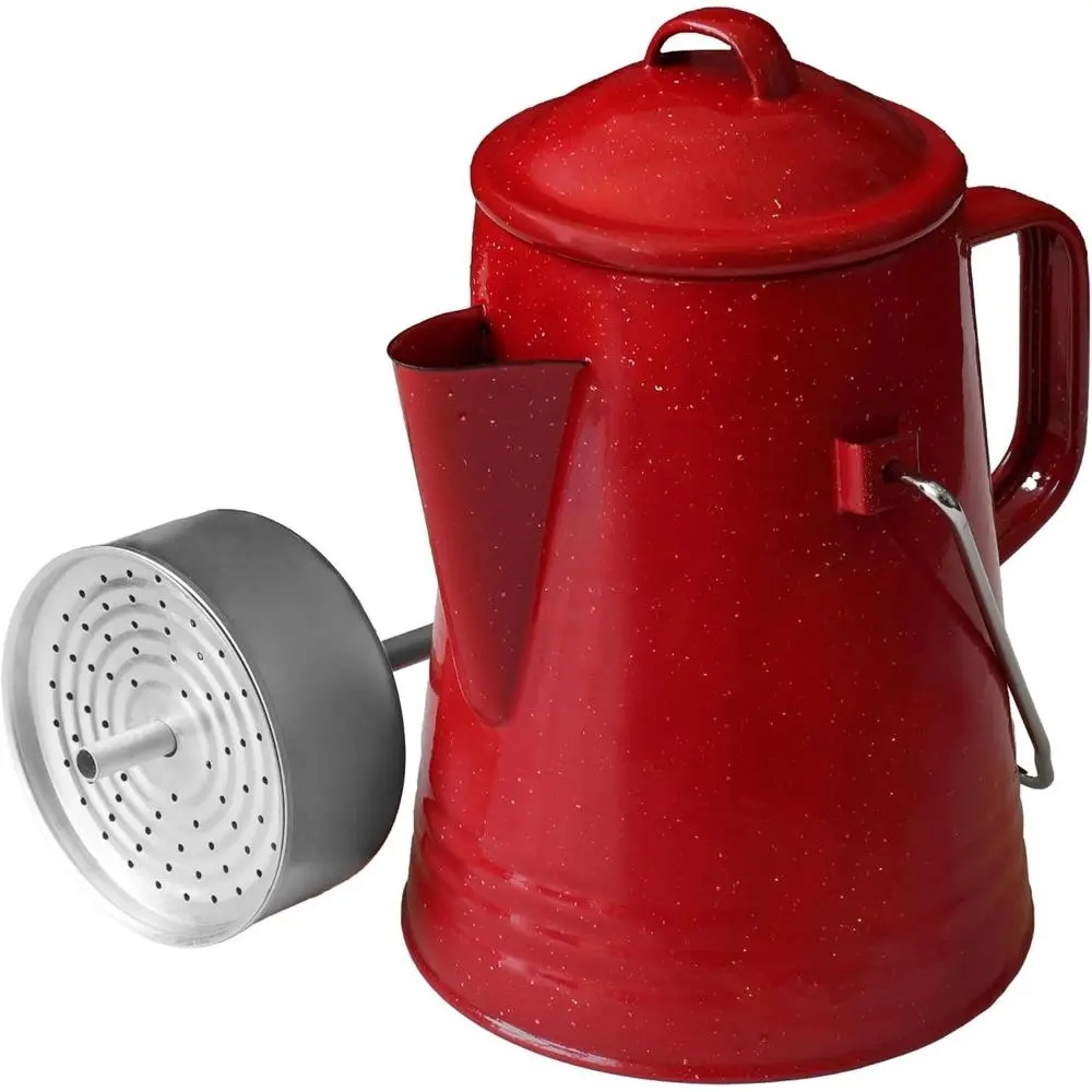 Vintage Red Glazed Enamel Steel Percolator Coffee Pot - 8-Cup Rustproof Camping & Hunting Picnicware with Top, Side Handles