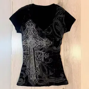 TOP Elegant Vintage Black Printed T-shirt Niche Designer Waist Slim Fit Casual Tops for Women