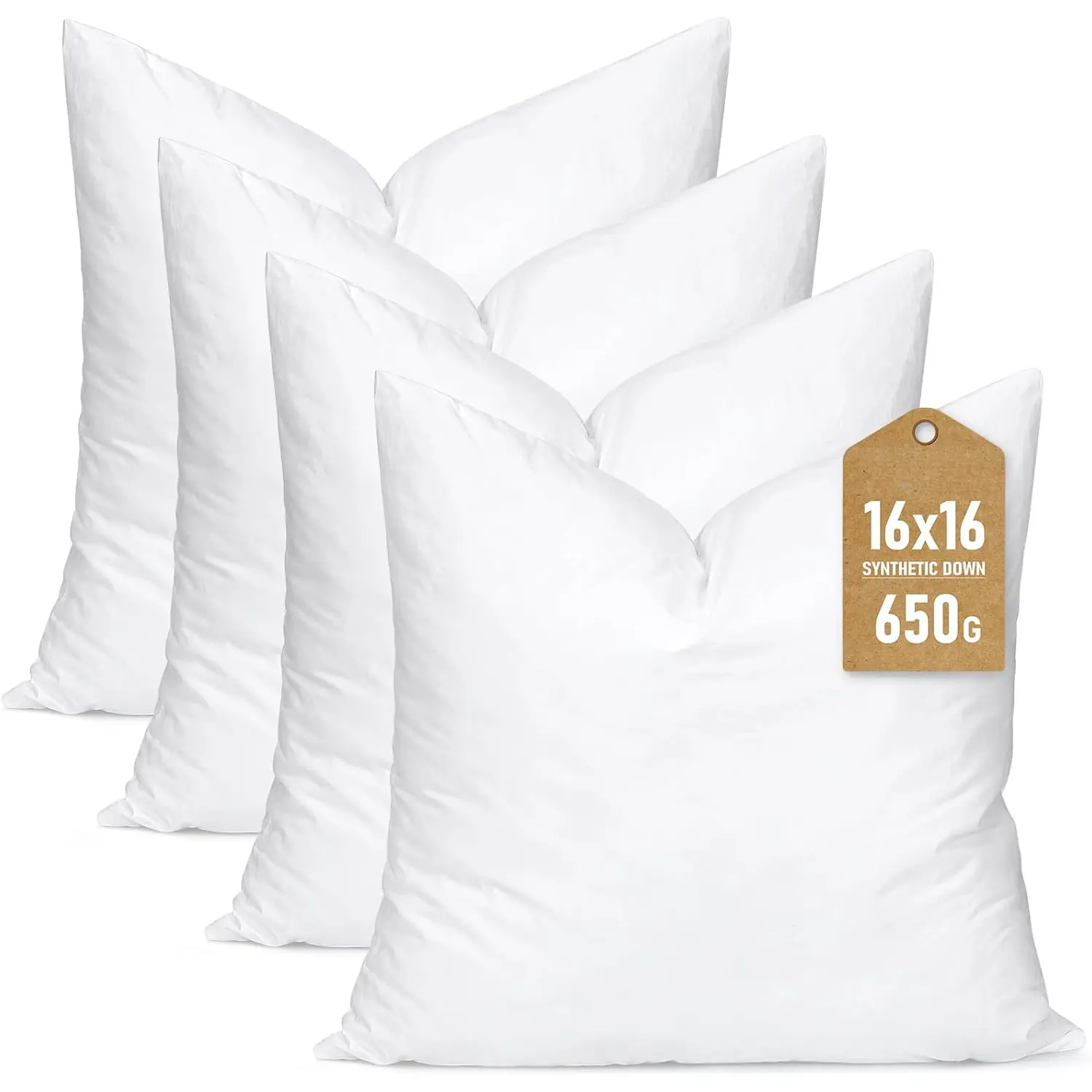 Synthetic Down Pillow Insert, 16x16 Down Alternative Throw Pillow Insert. Ultra Soft Fluffy Sleeping Pillow with  Cotton Cover, Decorative Pillows Set of 4-White.