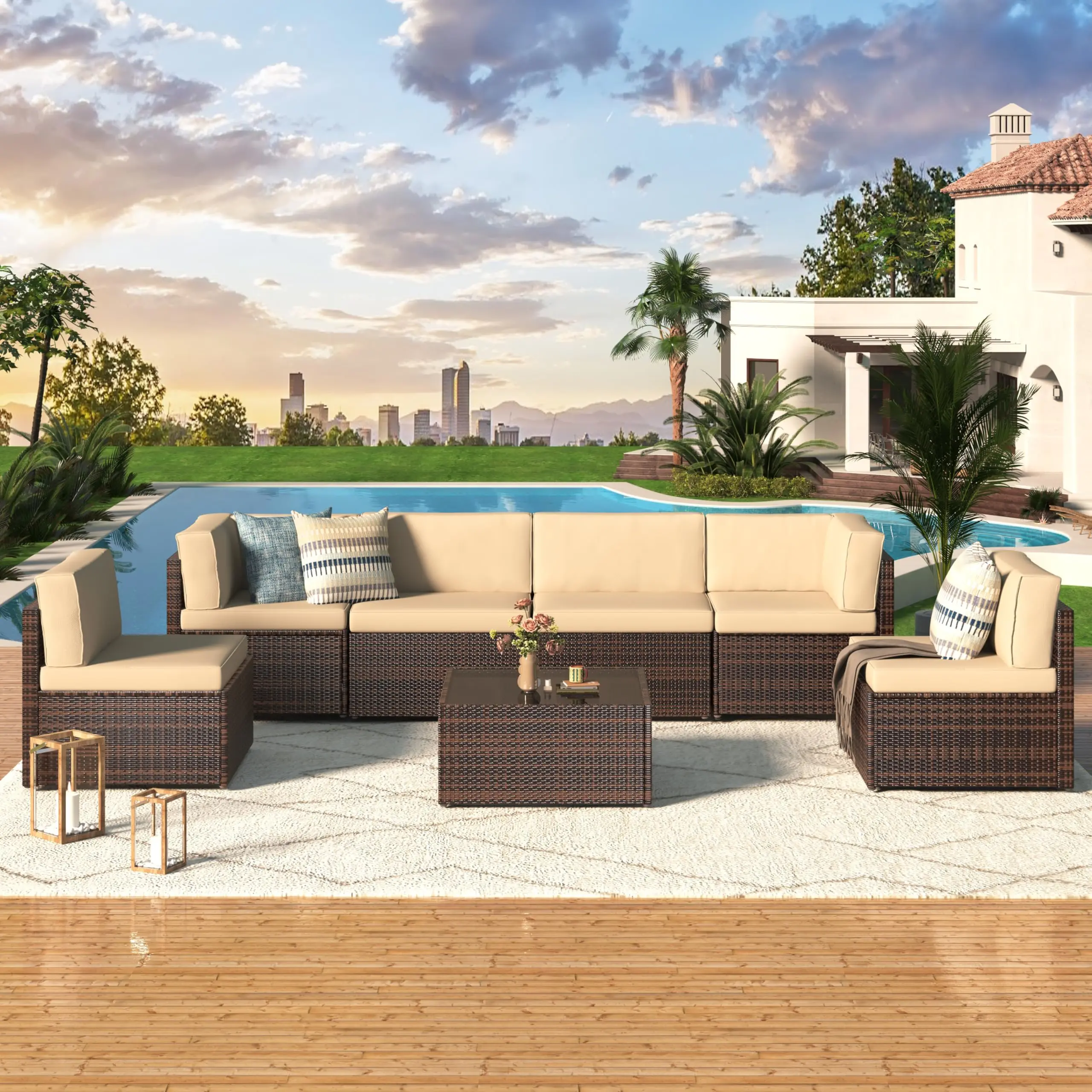 【2 to 3 packages arrived at different times】YODOLLA 7-Pieces Outdoor Wicker Sofa Set PE Rattan Patio Furniture，All-Weather Sectional Sofa for Porch Deck Garden
