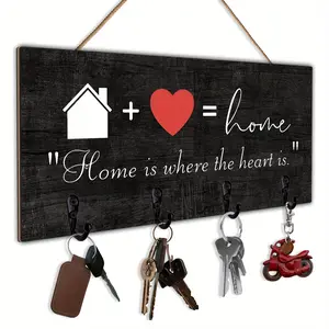 1PC 2D Flat Wooden Wall Key Holder with 4 Hooks, "home is where the heart is", Home Decor, New Home Gifts, Modern Rustic Home Decor, Kitchen Accessories, Bathroom Decor, Bedroom Decor