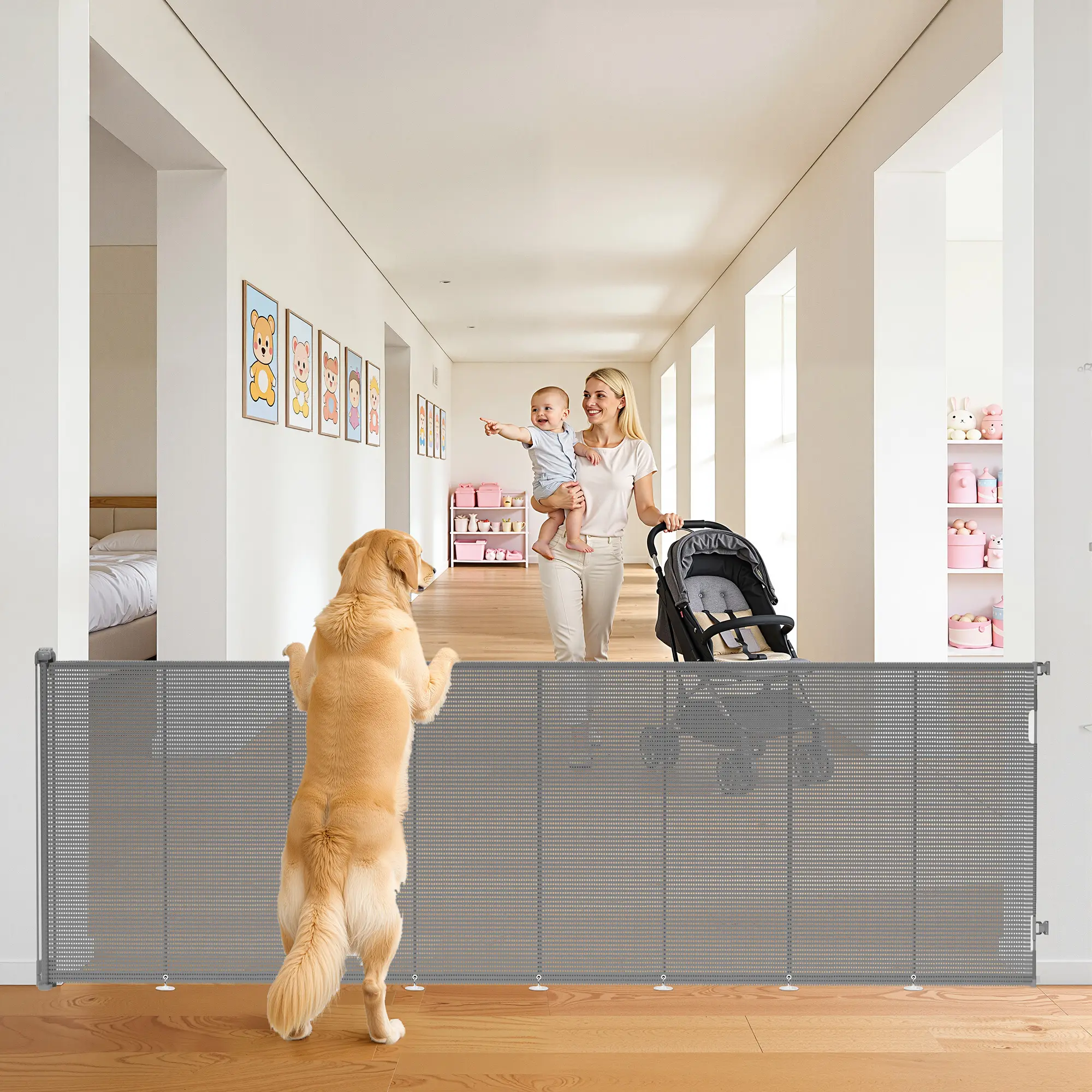 42" Tall X 200" Wide Mesh Dog Gate Indoor, Retractable Baby Gate for Stairs,  Child Gate for Doorways, Hallways, Deck, Indoor/Outdoor Pet Baby Safety Essentials for Home,Black,Gray,White, (Drill Needed)