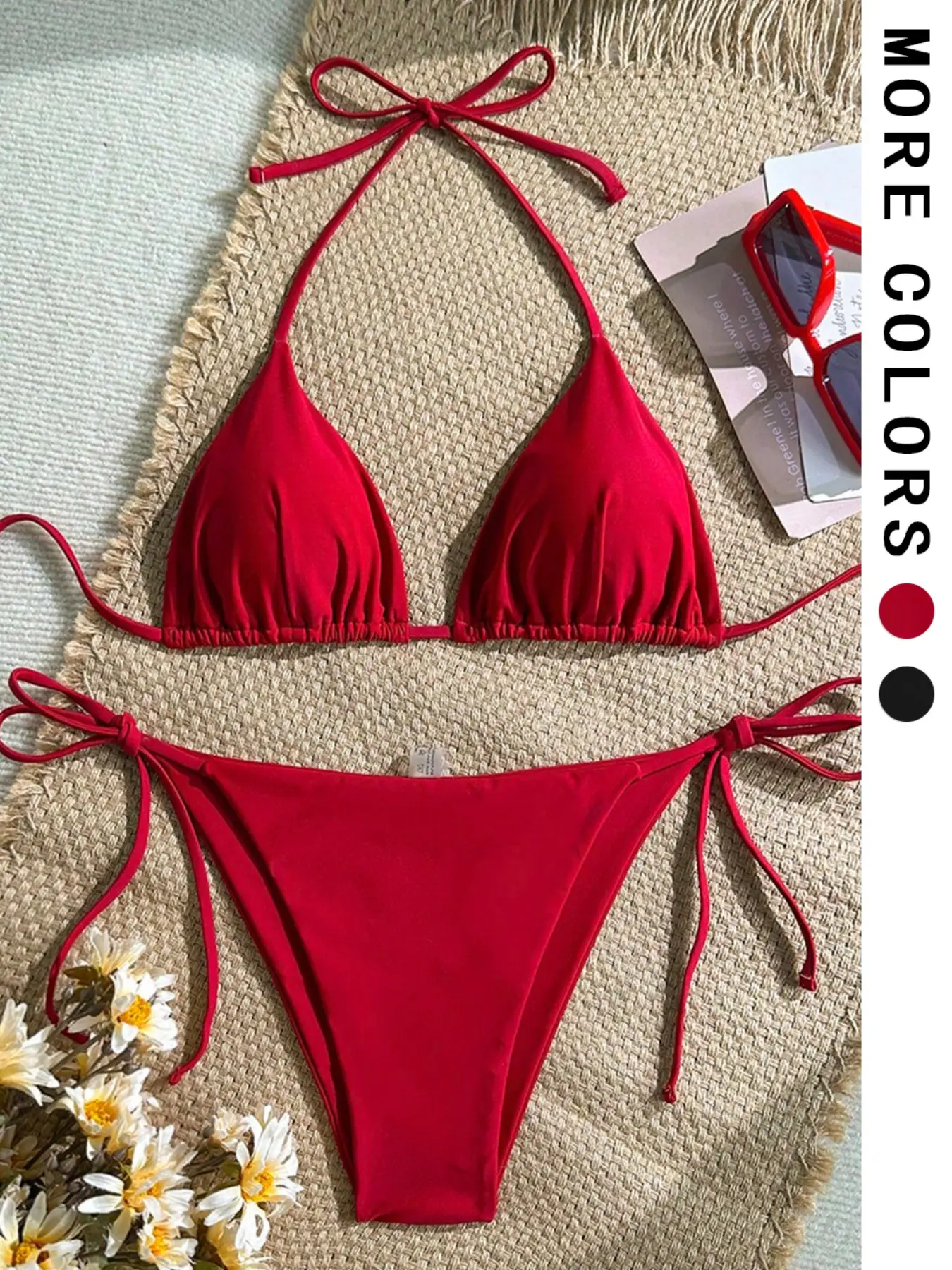Women's Solid Color Halter Triangle Bikini Set, Strappy Two-Piece Sexy Vacation Beach Swimwear, Fashionable Swimsuit for Summer, Triangle Bathing Suit, Triangle Bikini Top, Tie Back Bikinis, Summer Swimsuits, Bikini Beachwear