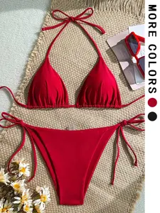 Women's Solid Color Halter Triangle Bikini Set, Strappy Two-Piece Sexy Vacation Beach Swimwear, Fashionable Swimsuit for Summer, Triangle Bathing Suit, Triangle Bikini Top, Tie Back Bikinis