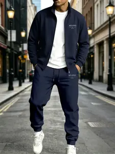 Men's Fall/winter Milano Letter Print Stand Collar Jacket & Drawstring Waist Pants Set, Casual Business Style, Perfect for Daily Wear