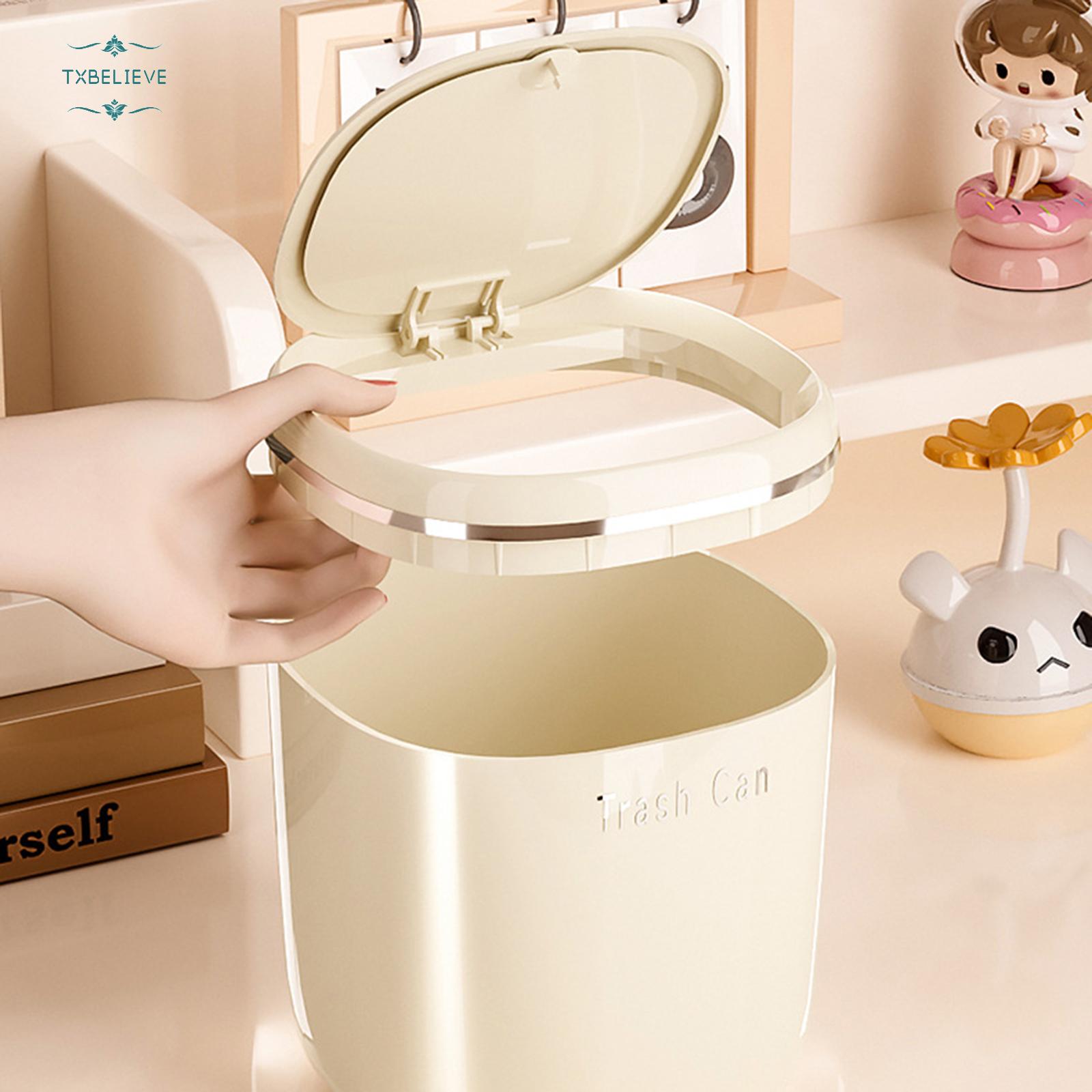 Small Cream/Black Flipping Lid Trash Can for Desk Organization in Dorm and with Space Saving
