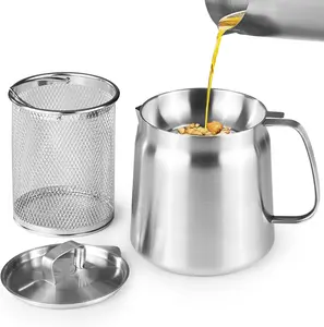 68oz/2L 304 Stainless Steel Oil Container, Cooking Oil Filter Pot with Mesh Strainer,  Container with Lid for Kitchen, Dishwasher Safe