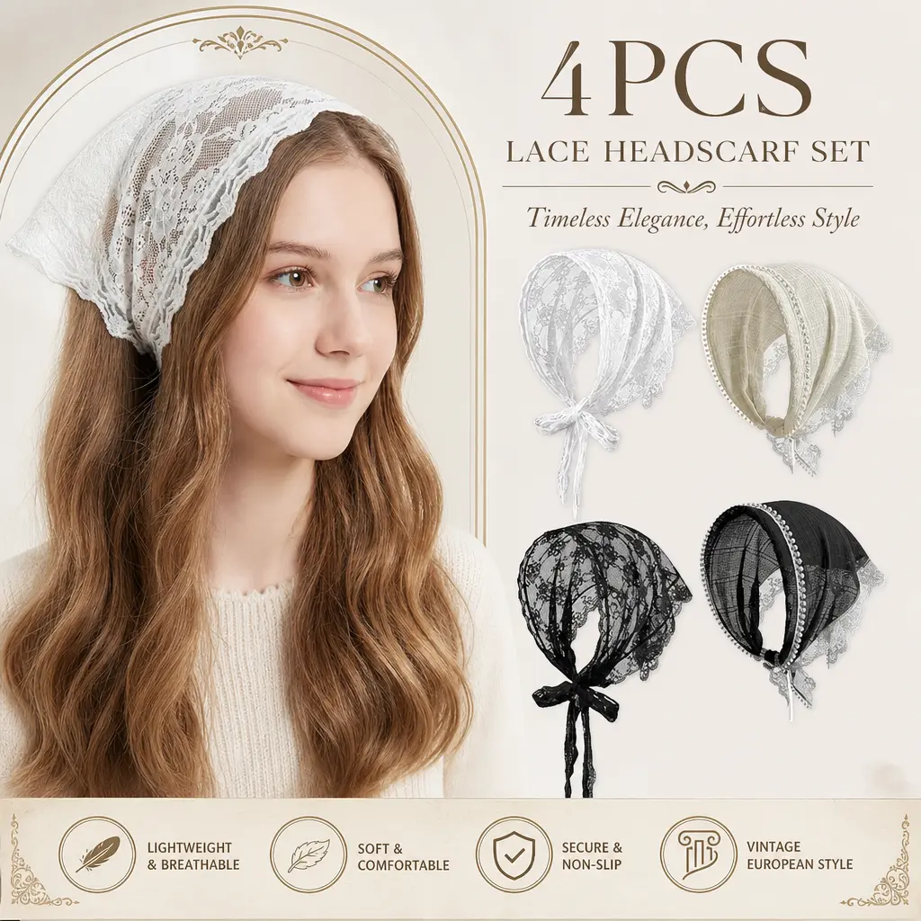 Women's 4-Pack Floral Lace Fashion Headscarf Set - Casual Soft Scarf, Secure-Fit Boho Head Wraps, Bandanas, Beach Hair Accessories for Valentine's Day, Birthday, Ceremony (Spring Summer Use)