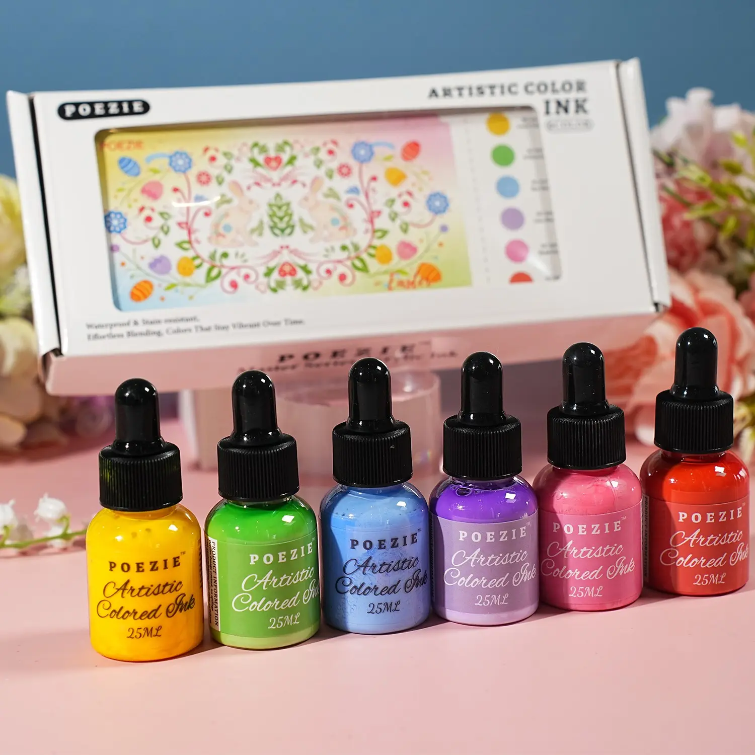 Artist Grade 6pcs Acrylic Ink Set, Art Supplies, Vibrant Essential Colors, Quick Dry Waterproof Ink for Airbrush, Pouring Art & Scrapbooking, Art Materials
