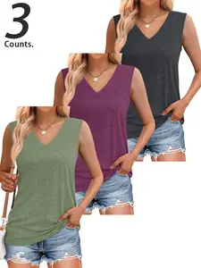 3 Pieces Women's Solid Color V Neck Sleeveless Vest Top , Casual Loose-Fitting Comfortable Fabric, Available in 6 Colors, Perfect for Daily Wear