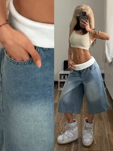 Women's Fashion Casual Punk Style Denim Shorts, Streetwear Patchwork Waistband, Versatile and Trendy, Perfect for Everyday Wear