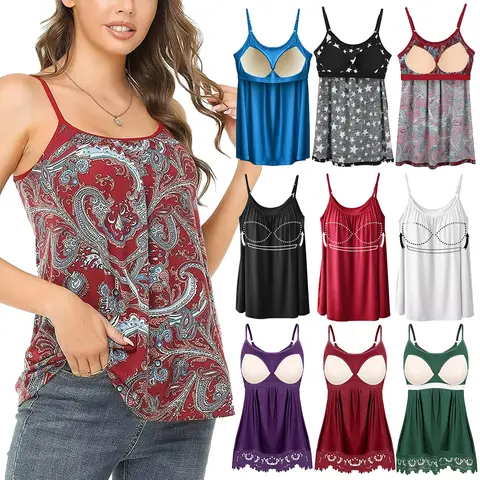 Boho Women's Printed Camisole Round Neck A-Type Draped Tank Top with Built-in Bra, Adjustable Straps, Lace Trim, Pleated Loose Fit, Colorful Backless Women's Tanks & Camis, S-XXXXL No Spaghetti Straps Sleeveless Summer Casual Outfit