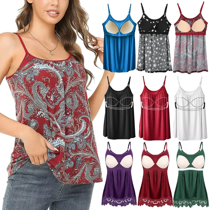 Boho Women's Printed Camisole Round Neck A-Type Draped Tank Top with Built-in Bra, Adjustable Straps, Lace Trim, Pleated Loose Fit, Colorful Backless Women's Tanks & Camis, S-XXXXL No Spaghetti Straps Sleeveless Summer Casual Outfit