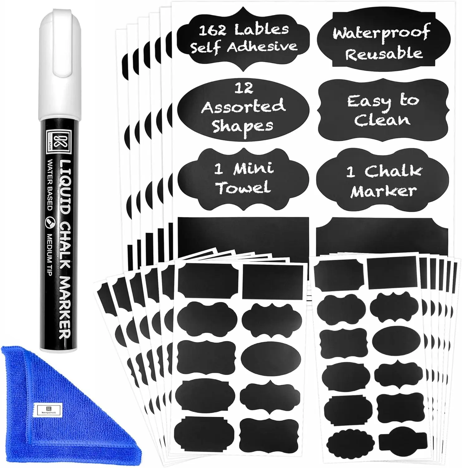 162 Pcs Assorted Removable Adhesive Chalkboard Labels & Stickers for Glass/Plastic Jars - 12 Unique Shapes, 3 Sizes, 1 Chalk Marker, 1 Mini Towel, Waterproof Reusable Office Stationery Storage Organizer for Labeling, Multipurpose