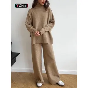 Women’s 2-Piece Sweater Set for Autumn/Winter – Long-Sleeve Turtleneck Drop-Shoulder Solid-Color Pullover Sweater and Wide-Leg Pants; Women’s Fall Outfit; Winter Two-Piece Sweater Set; Women’s Pants & Sweater Set; Fall Loungewear Set; Casual Sweater Set