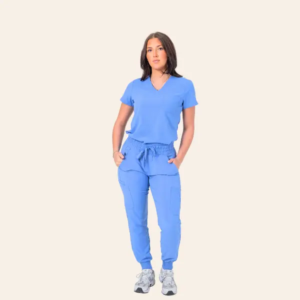 Women's V-Neck Scrub Set - Stretch Panel Top & 9-Pocket Yoga Waist Scrub Pants for Healthcare Professionals XS-3XL Blue Breathable 4-Way Stretch Fabric Adjustable Drawstring Elastic Fit Everyday Style Uniforms Workwear Basic Minimalist
