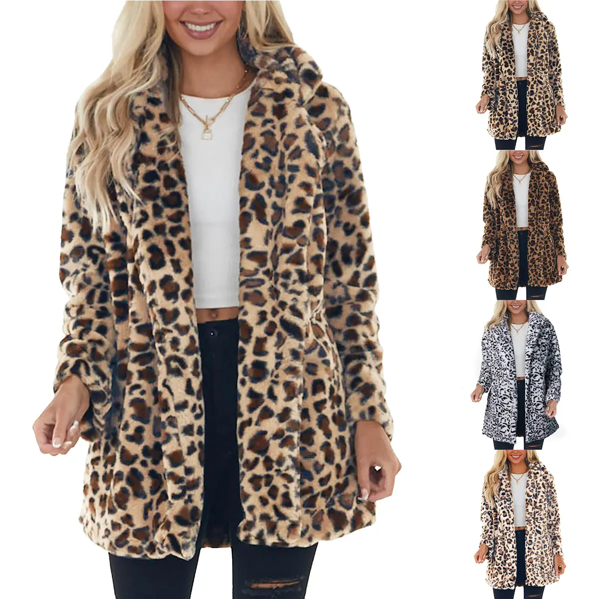 Mibbory Women's Leopard Print Faux Fur Jacket - 2026 Fall Winter, Long Sleeve, Loose, Warm, Fluffy, with Pockets, Casual Outerwear Tops Clothes, Loose Fit
