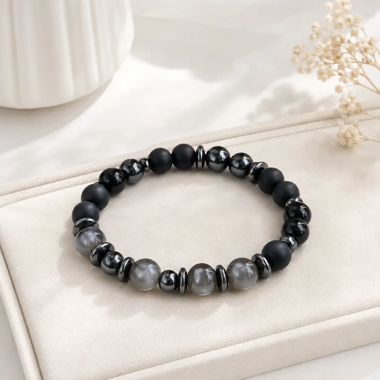 Shadow Queen Black Moonlight Stone Bracelet | Obsidian Matte Beads & Gray Moonlight Stone Beaded Bracelet Dark Energy Crystal Bracelet Unisex Jewelry Gift