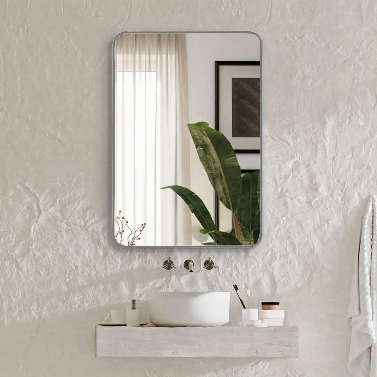 22x30 Inch Silver Aluminum-Framed Rectangular Bathroom Mirror for Vanity, Wall Mount, 4mm HD Shatterproof Film, MDF Backboard, Modern Decorative Mirror for Indoor Use (Bedroom, Entryway)