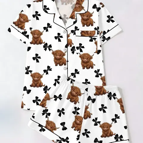 【Black Friday】Spring/Summer Women's Sleepwear Set, Pajamas, Open-Front Lapel Short-Sleeve Top and Shorts, Highland Cow Theme Print, Casual Homewear Loungewear