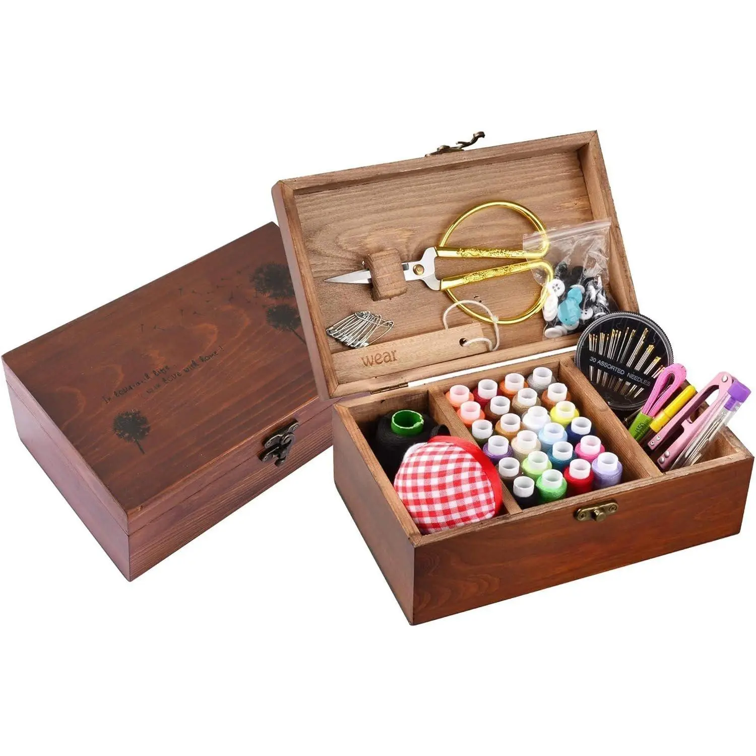 Sewing Kit, Wooden Sewing Kit Box for Adults, Wooden Sewing Basket with Accessories,  Sewing Basket Stitching Repair Kit for Beginner, Women, Men, Embroidery  Kit (Retro Brown)