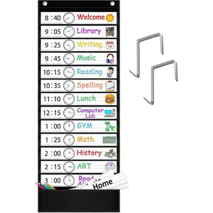 Daily Schedule Pocket Chart 13+1 Pocket Visual Schedule for Kids, Includes 18 Double-Sided Blank Reusable Dry-Erase Cards, Hourly Daily Planner for Classroom Office Home School Activities (Black)